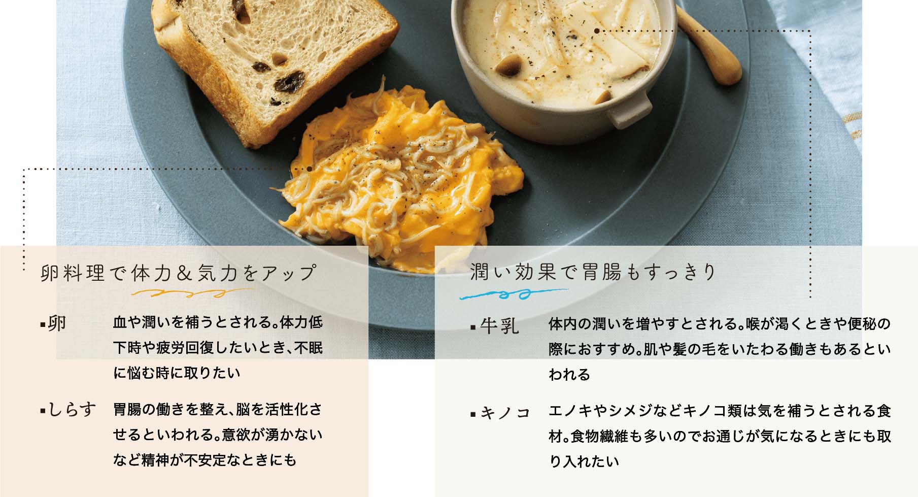 卵料理で体力＆気力をアップ｜卵｜血や潤いを補うとされる。体力低下時や疲労回復したいとき、不眠に悩む時に取りたい｜しらす｜胃腸の働きを整え、脳を活性化させるといわれる。意欲が湧かないなど精神が不安定なときにも｜潤い効果で胃腸もすっきり｜牛乳｜体内の潤いを増やすとされる。喉が渇くときや便秘の際におすすめ。肌や髪の毛をいたわる働きもあるといわれる｜キノコ｜エノキやシメジなどキノコ類は気を補うとされる食材。食物繊維も多いのでお通じが気になるときにも取り入れたい