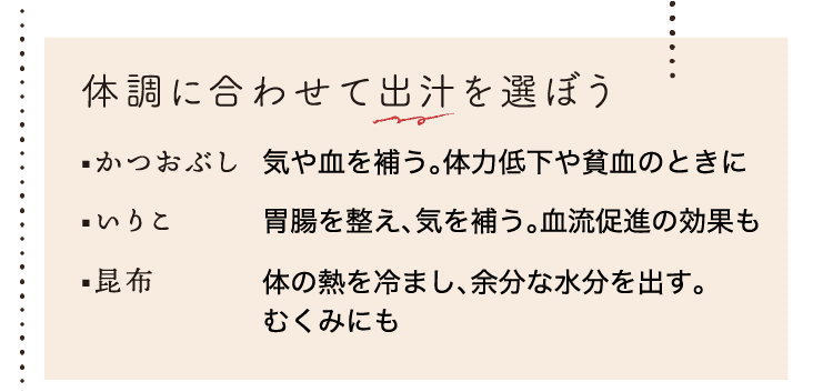 体調に合わせて出汁を選ぼう｜かつおぶし｜気や血を補う。体力低下や貧血のときに｜いりこ｜胃腸を整え、気を補う。血流促進の効果も｜昆布｜体の熱を冷まし、余分な水分を出す。むくみにも