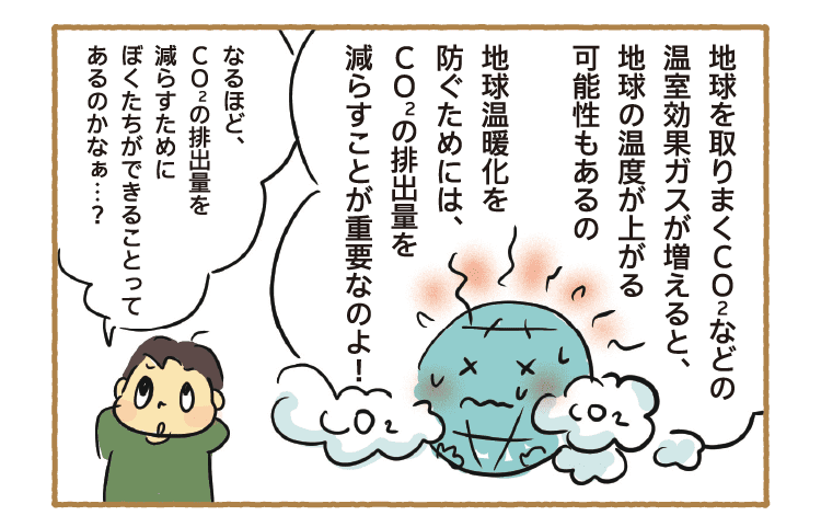 地球を取りまくCO2などの温室効果ガスが増えると、地球の温度が上がる可能性もあるの｜地球温暖化を防ぐためには、CO2の排出量を減らすことが重要なのよ！｜なるほど、CO2の排出量を減らすためにぼくたちができることってあるのかなぁ…？