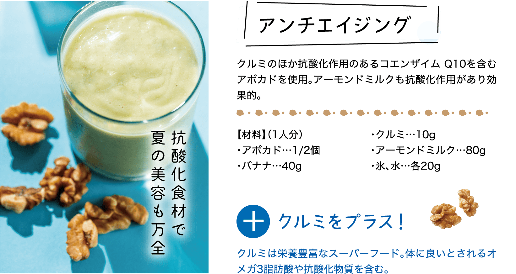 抗酸化食材で夏の美容も万全｜アンチエイジング｜クルミのほか抗酸化作用のあるコエンザイム Q10を含むアボカドを使用。アーモンドミルクも抗酸化作用があり効果的。｜【材料】（1人分）・アボカド…1/2個・バナナ…40g・クルミ…10g・アーモンドミルク…80g・氷、水…各20g｜＋クルミをプラス！｜クルミは栄養豊富なスーパーフード。体に良いとされるオメガ3脂肪酸や抗酸化物質を含む。