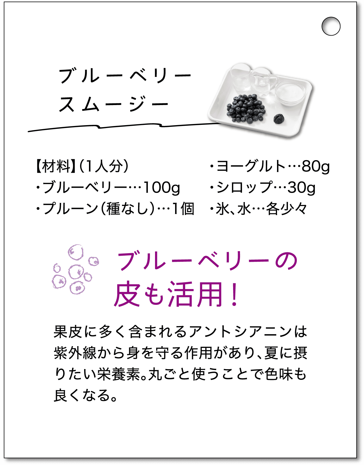 ブルーベリースムージー｜【材料】（1人分）・ブルーベリー…100g・プルーン（種なし）…1個・ヨーグルト…80g・シロップ…30g・氷、水…各少々｜ブルーベリーの皮も活用！果皮に多く含まれるアントシアニンは紫外線から身を守る作用があり、夏に摂りたい栄養素。丸ごと使うことで色味も良くなる。