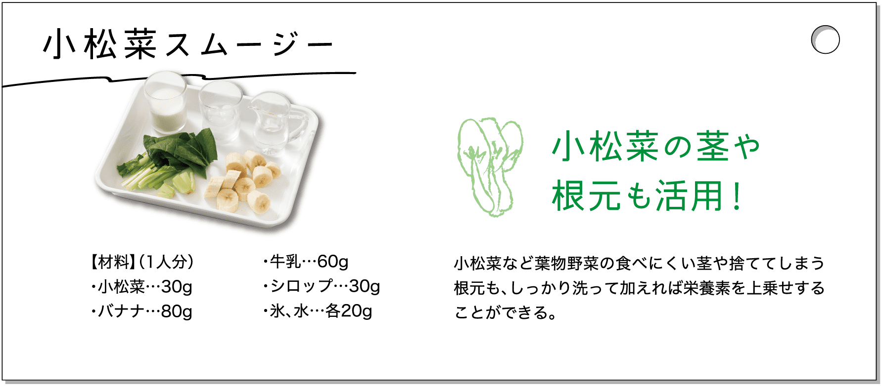 小松菜スムージー｜【材料】（1人分）・小松菜…30g・バナナ…80g・牛乳…60g・シロップ…30g・氷、水…各20g｜小松菜の茎や根元も活用！小松菜など葉物野菜の食べにくい茎や捨ててしまう根元も、しっかり洗って加えれば栄養素を上乗せすることができる。