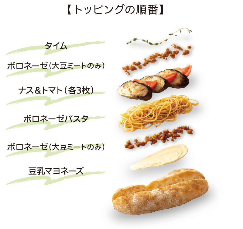 【トッピングの順番】｜タイム｜ボロネーゼ（大豆ミートのみ）｜ナス＆トマト（各3枚）｜ボロネーゼパスタ｜ボロネーゼ（大豆ミートのみ）｜豆乳マヨネーズ