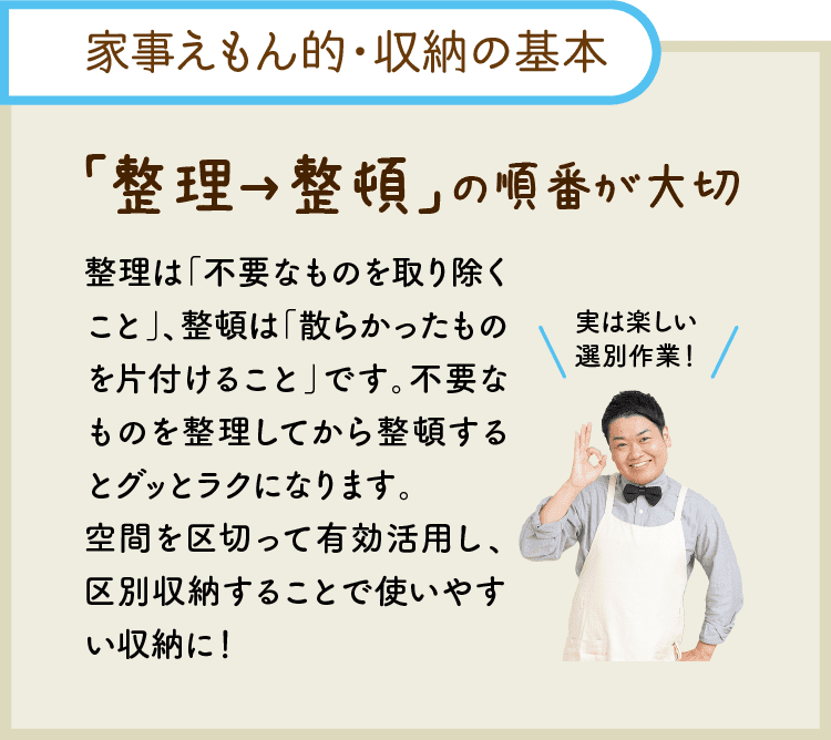 “家事えもん的・収納の基本｜「整理→整頓」の順番が大切｜整理は「不要なものを取り除くこと」、整頓は「散らかったものを片付けること」です。不要なものを整理してから整頓するとグッとラクになります。空間を区切って有効活用し、区別収納することで使いやすい収納に！｜実は楽しい選別作業！