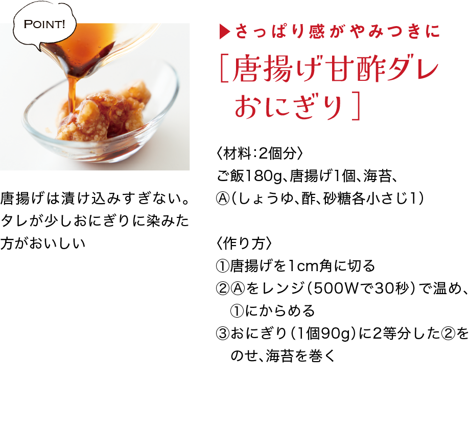 ▶さっぱり感がやみつきに｜［唐揚げ甘酢ダレおにぎり］｜〈材料：2個分〉｜ご飯180g、唐揚げ1個、海苔、Ⓐ（しょうゆ、酢、砂糖各小さじ1）｜〈作り方〉｜①唐揚げを1cm角に切る｜②Ⓐをレンジ（500Wで30秒）で温め、①　にからめる｜③おにぎり（1個90g）に2等分した②をの　せ、海苔を巻く｜Point!｜唐揚げは漬け込みすぎない。タレが少しおにぎりに染みた方がおいしい