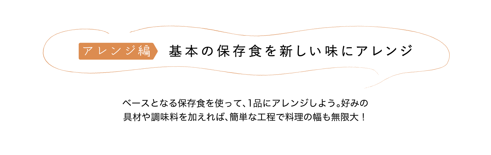 アレンジ編｜基本の保存食を新しい味にアレンジ｜ベースとなる保存食を使って、1品にアレンジしよう。好みの具材や調味料を加えれば、簡単な工程で料理の幅も無限大！
