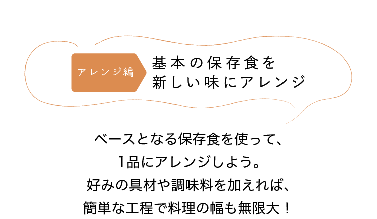 アレンジ編｜基本の保存食を新しい味にアレンジ｜ベースとなる保存食を使って、1品にアレンジしよう。好みの具材や調味料を加えれば、簡単な工程で料理の幅も無限大！