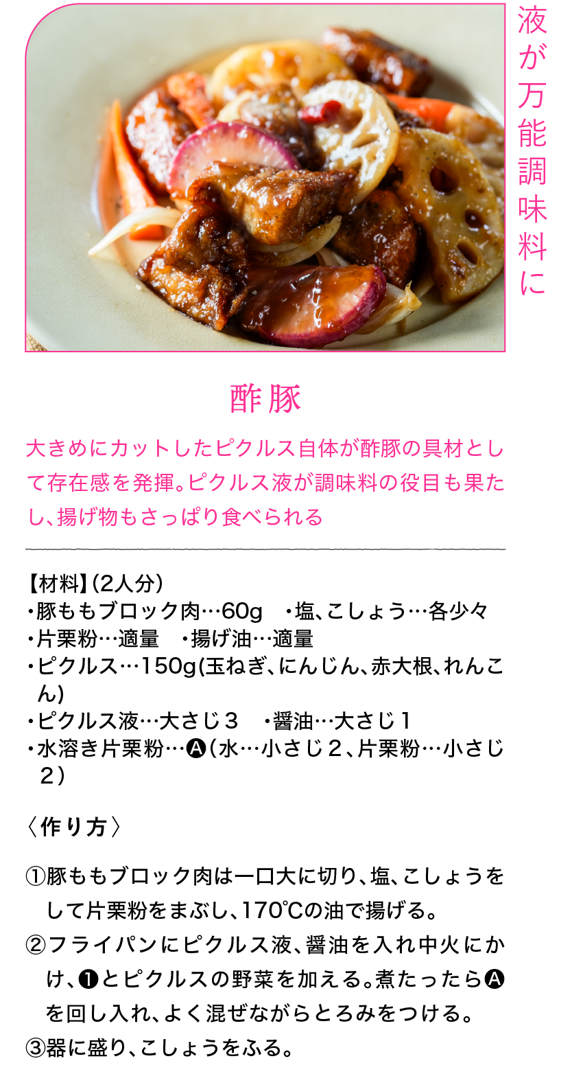 液が万能調味料に｜酢豚｜大きめにカットしたピクルス自体が酢豚の具材として存在感を発揮。ピクルス液が調味料の役目も果たし、揚げ物もさっぱり食べられる｜【材料】（2人分）｜・豚ももブロック肉…60g ・塩、こしょう…各少々 ・片栗粉…適量 ・揚げ油…適量 ・ピクルス…150g(玉ねぎ、にんじん、赤大根、れんこん) ・ピクルス液…大さじ３ ・醤油…大さじ１ ・水溶き片栗粉…🅐（水…小さじ２、片栗粉…小さじ２）｜〈作り方〉｜①豚ももブロック肉は一口大に切り、塩、こしょうをして片栗粉をまぶし、170℃の油で揚げる。｜②フライパンにピクルス液、醤油を入れ中火にかけ、❶とピクルスの野菜を加える。煮たったら🅐を回し入れ、よく混ぜながらとろみをつける。｜③器に盛り、こしょうをふる。