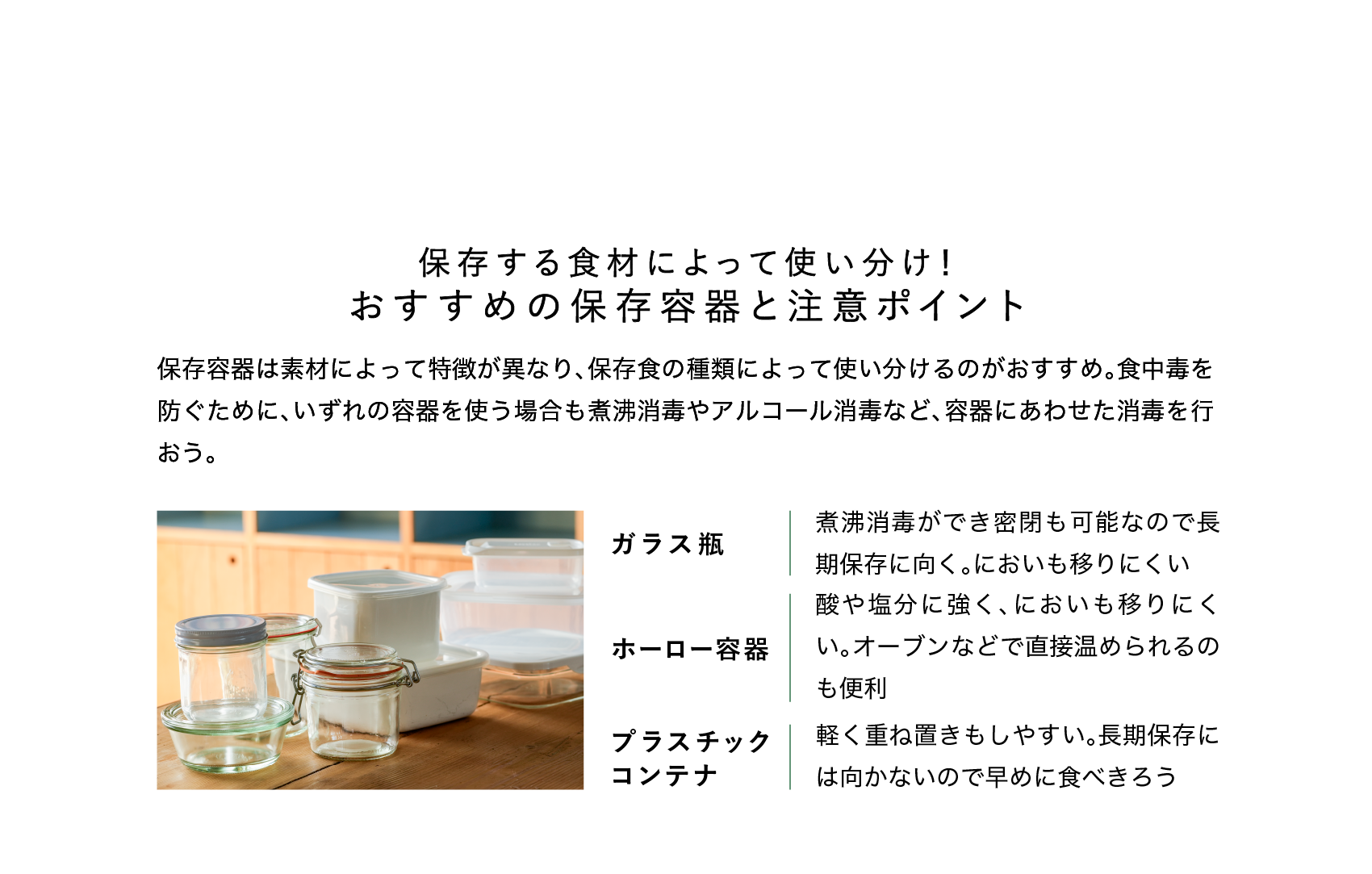 保存する食材によって使い分け！おすすめの保存容器と注意ポイント｜保存容器は素材によって特徴が異なり、保存食の種類によって使い分けるのがおすすめ。食中毒を防ぐために、いずれの容器を使う場合も煮沸消毒やアルコール消毒など、容器にあわせた消毒を行おう。｜ガラス瓶｜煮沸消毒ができ密閉も可能なので長期保存に向く。においも移りにくい｜ホーロー容器｜酸や塩分に強く、においも移りにくい。オーブンなどで直接温められるのも便利｜プラスチックコンテナ｜軽く重ね置きもしやすい。長期保存には向かないので早めに食べきろう