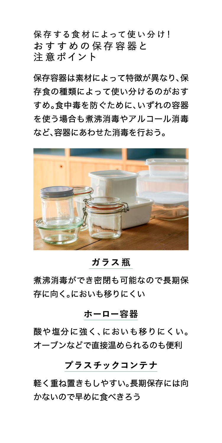 保存する食材によって使い分け！おすすめの保存容器と注意ポイント｜保存容器は素材によって特徴が異なり、保存食の種類によって使い分けるのがおすすめ。食中毒を防ぐために、いずれの容器を使う場合も煮沸消毒やアルコール消毒など、容器にあわせた消毒を行おう。｜ガラス瓶｜煮沸消毒ができ密閉も可能なので長期保存に向く。においも移りにくい｜ホーロー容器｜酸や塩分に強く、においも移りにくい。オーブンなどで直接温められるのも便利｜プラスチックコンテナ｜軽く重ね置きもしやすい。長期保存には向かないので早めに食べきろう