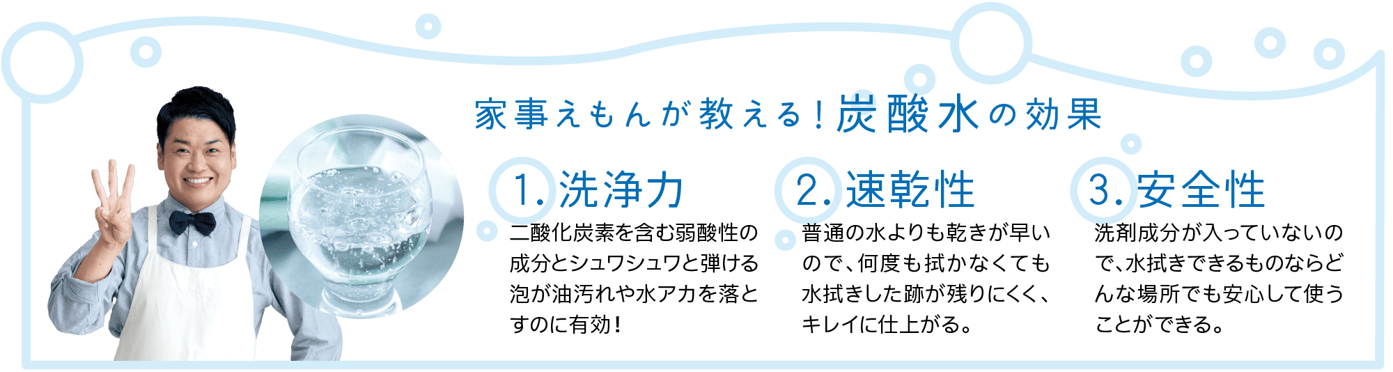 家事えもんが教える！炭酸水の効果｜1.洗浄力｜二酸化炭素を含む弱酸性の成分とシュワシュワと弾ける泡が油汚れや水アカを落とすのに有効！｜2.速乾性｜普通の水よりも乾きが早いので、何度も拭かなくても水拭きした跡が残りにくく、キレイに仕上がる。｜3.安全性｜洗剤成分が入っていないので、水拭きできるものならどんな場所でも安心して使うことができる。