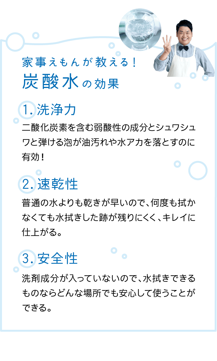 家事えもんが教える！炭酸水の効果｜1.洗浄力｜二酸化炭素を含む弱酸性の成分とシュワシュワと弾ける泡が油汚れや水アカを落とすのに有効！｜2.速乾性｜普通の水よりも乾きが早いので、何度も拭かなくても水拭きした跡が残りにくく、キレイに仕上がる。｜3.安全性｜洗剤成分が入っていないので、水拭きできるものならどんな場所でも安心して使うことができる。