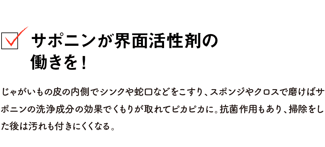 サポニンが界面活性剤の働きを！｜じゃがいもの皮の内側でシンクや蛇口などをこすり、スポンジやクロスで磨けばサポニンの洗浄成分の効果でくもりが取れてピカピカに。抗菌作用もあり、掃除をした後は汚れも付きにくくなる。