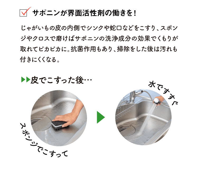 サポニンが界面活性剤の働きを！｜じゃがいもの皮の内側でシンクや蛇口などをこすり、スポンジやクロスで磨けばサポニンの洗浄成分の効果でくもりが取れてピカピカに。抗菌作用もあり、掃除をした後は汚れも付きにくくなる。｜▶︎▶︎皮でこすった後…｜スポンジでこすって｜水ですすぐ